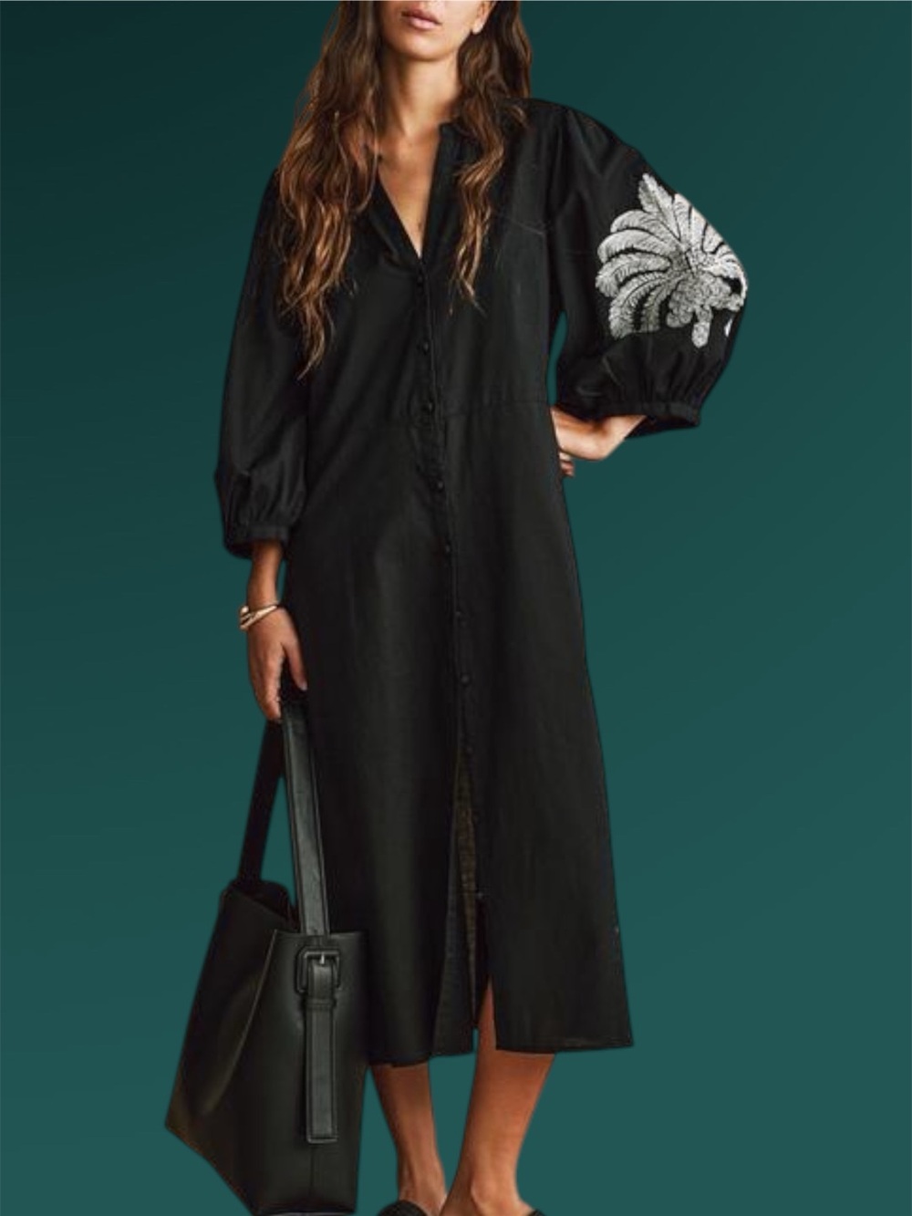 H&M Black Cotton Button-Down Midi Shirt Dress with White Palm Sleeve Embroidered